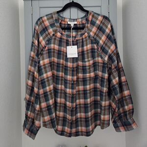 Beachlunchlounge Button-Up Flannel Shirt Top Green Orange Cabincore Western XL